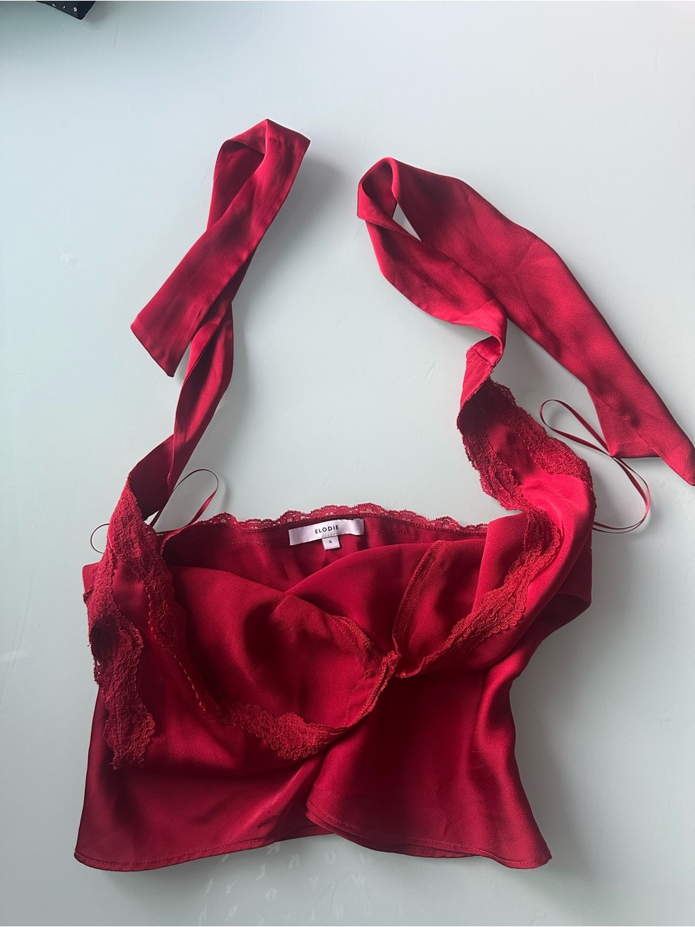 Elodie Red Satin Lace-Trim Bandeau with Tie Straps
